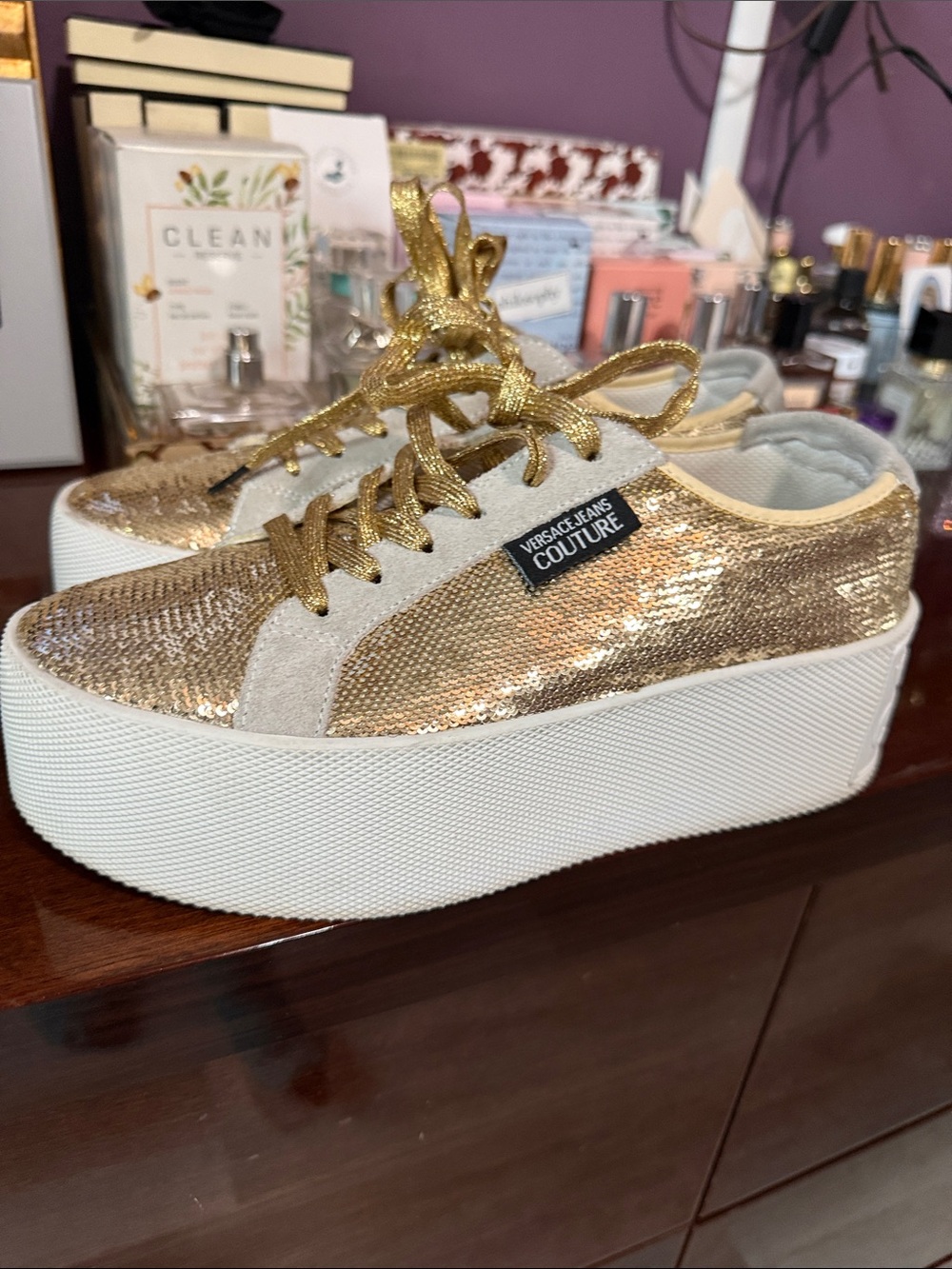 Versace Jeans Collection Gold Sequin Platform Sneakers